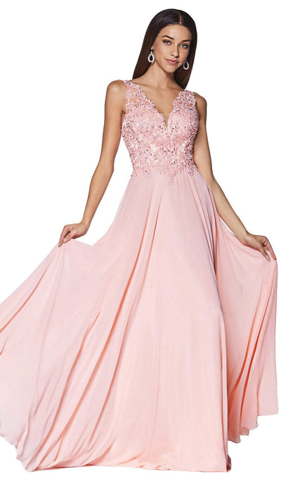 Cinderella Divine - UJ0123 Long Beaded Lace Chiffon A-Line Dress Prom Dresses XXS / Blush