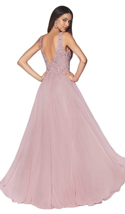 Cinderella Divine - UJ0123 Long Beaded Lace Chiffon A-Line Dress Prom Dresses XXS / Mauve