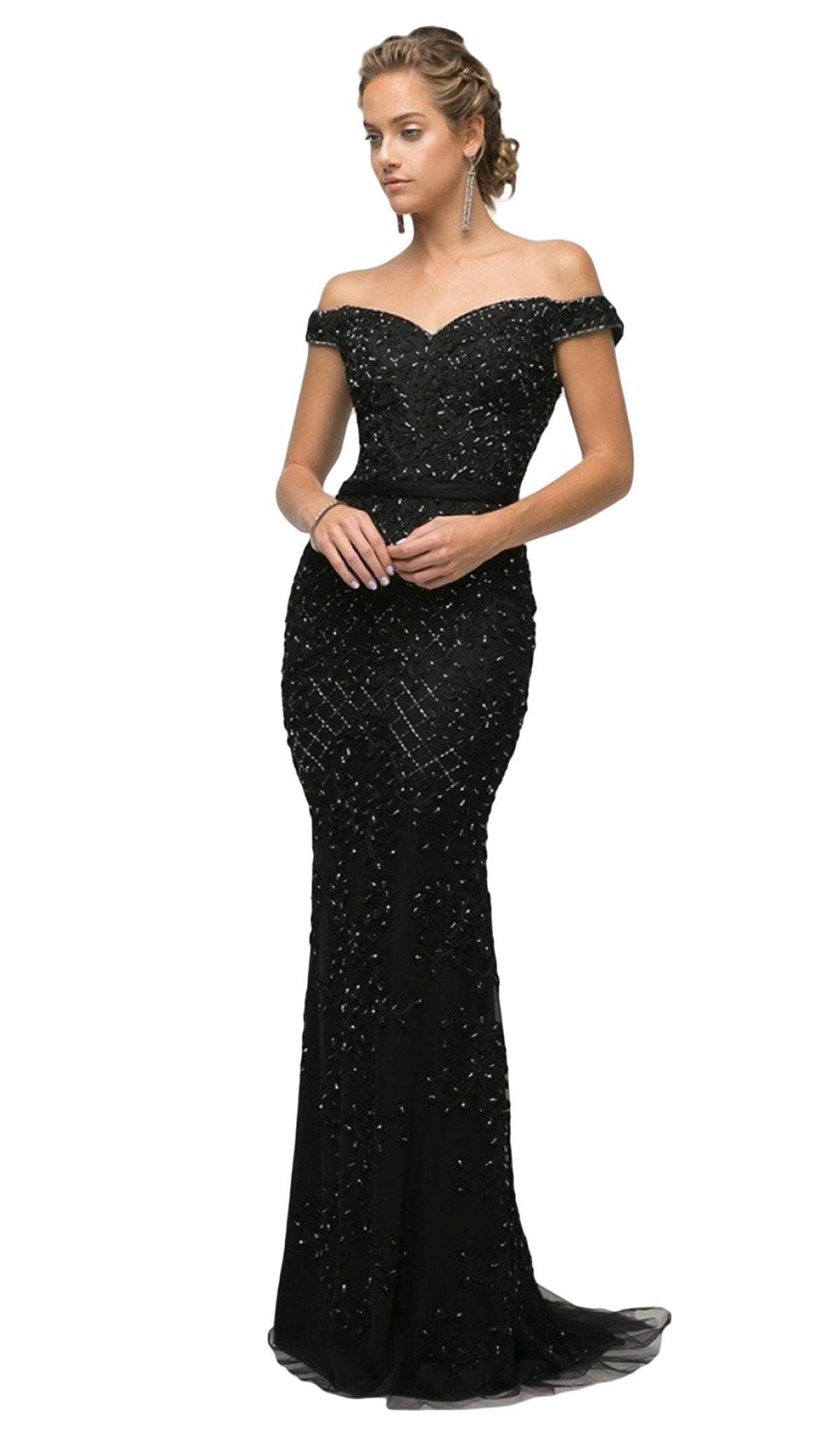 Cinderella Divine - UK012 Off Shoulder Beaded Lace Ornate Sheath Gown Evening Dresses 2 / Black