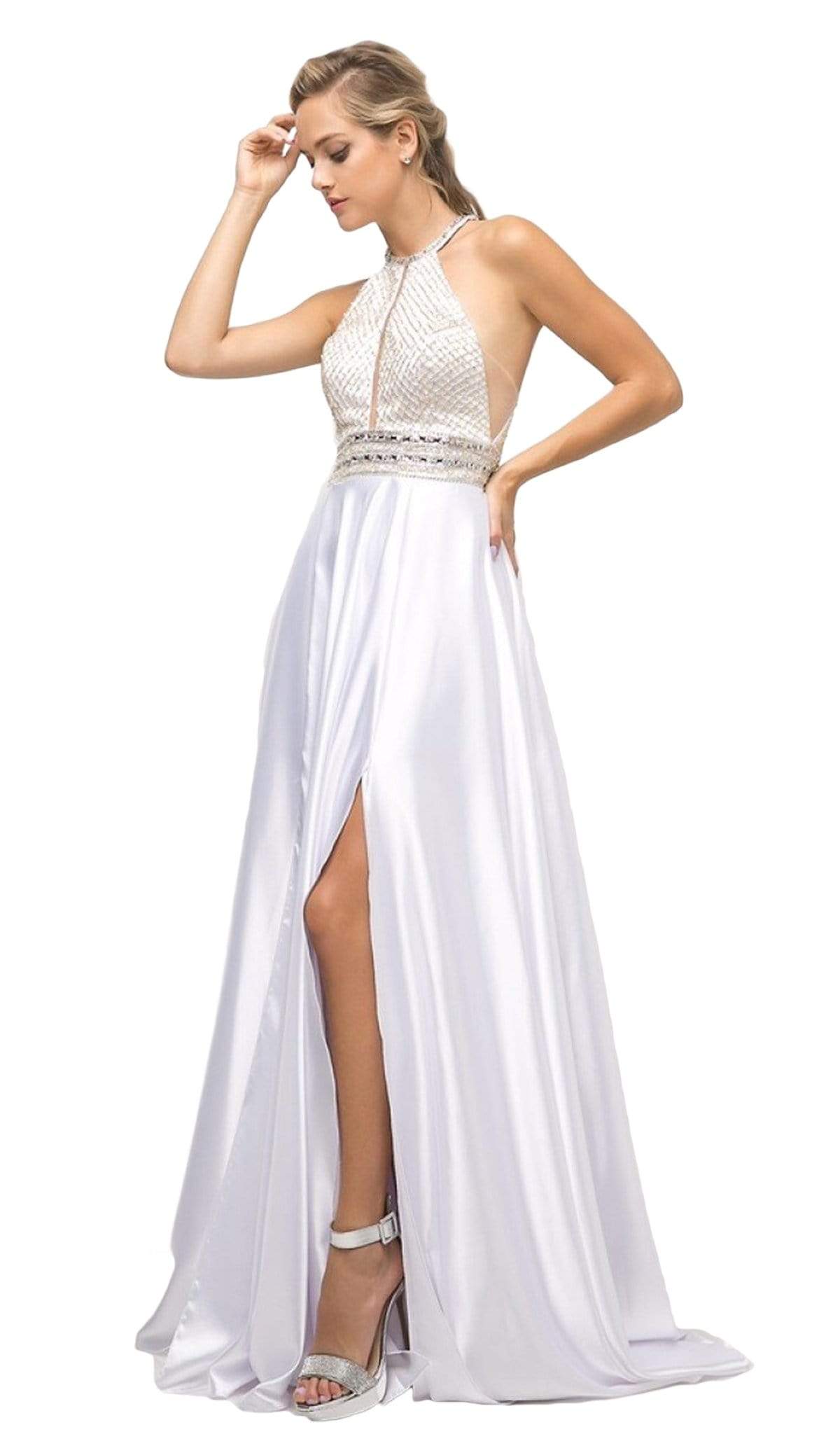 Cinderella Divine - UM076 Beaded Halter A-line Dress With Train Special Occasion Dress 2 / White