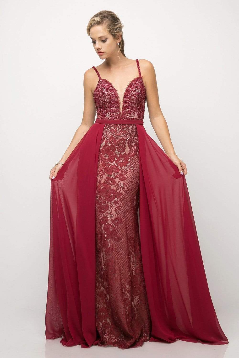 Cinderella Divine - UT254 Lace Deep Sweetheart Dress With Overskirt Special Occasion Dress 2 / Burgundy