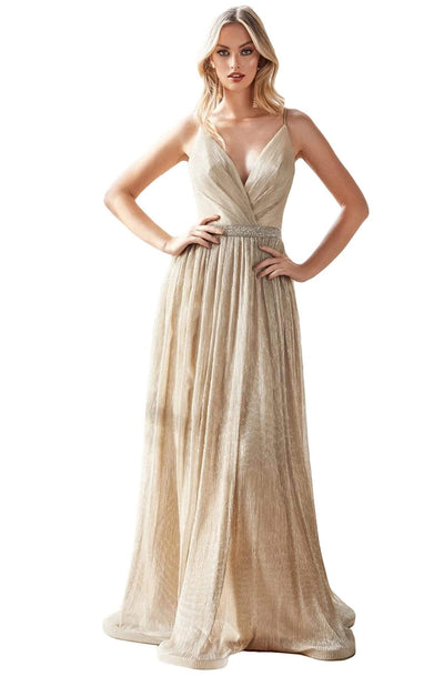 Cinderella Divine - UV006 Embellished Waist Metallic A-Line Dress Bridesmaid Dresses 2 / Champagne