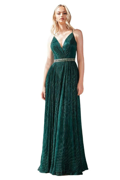 Cinderella Divine - UV006 Embellished Waist Metallic A-Line Dress Bridesmaid Dresses 2 / Emerald