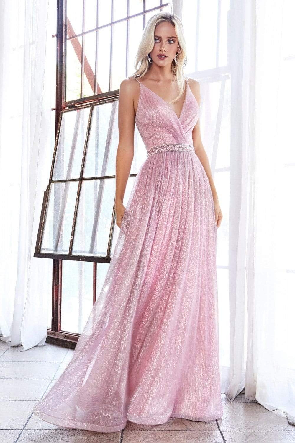 Cinderella Divine - UV006 Embellished Waist Metallic A-Line Dress Bridesmaid Dresses 2 / Rose