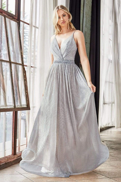 Cinderella Divine - UV006 Embellished Waist Metallic A-Line Dress Bridesmaid Dresses 2 / Silver