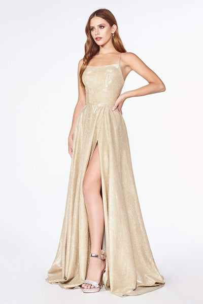 Cinderella Divine - CJ525 Corset Back Metallic High Slit Gown Special Occasion Dress