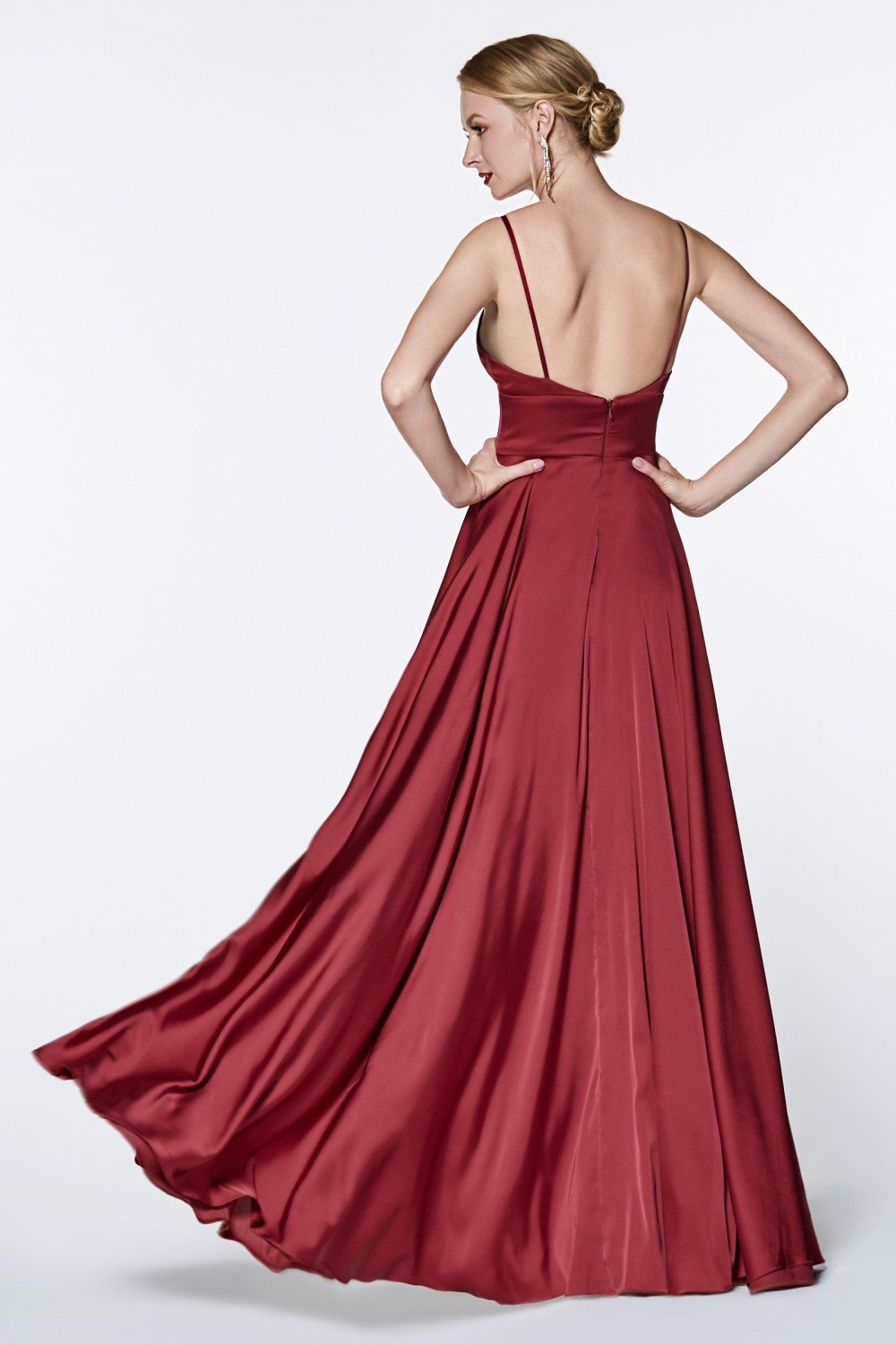 Cinderella Divine - Sheer Plunging Neck Double Slit Satin Gown CJ526 In Red