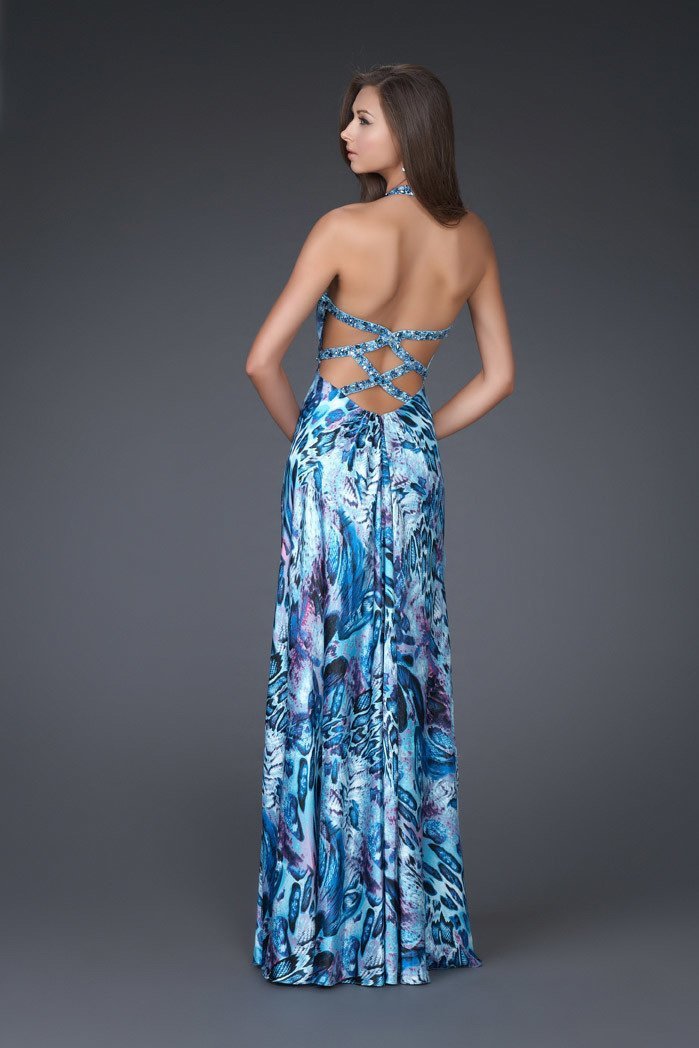 La Femme - Embellished V-Neck Long A-line Gown 16270 in Blue