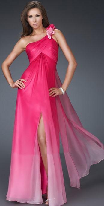 La Femme - Floral-accented Ruched Asymmetric A-line Dress 16545 in Pink