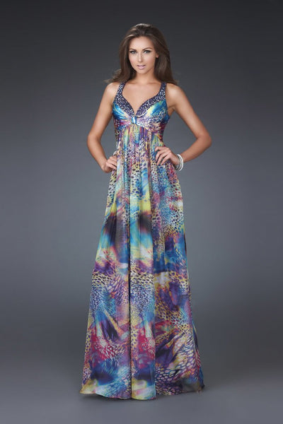 La Femme - Embellished V-neck A-line Dress 16594 in Blue and Multi-Color