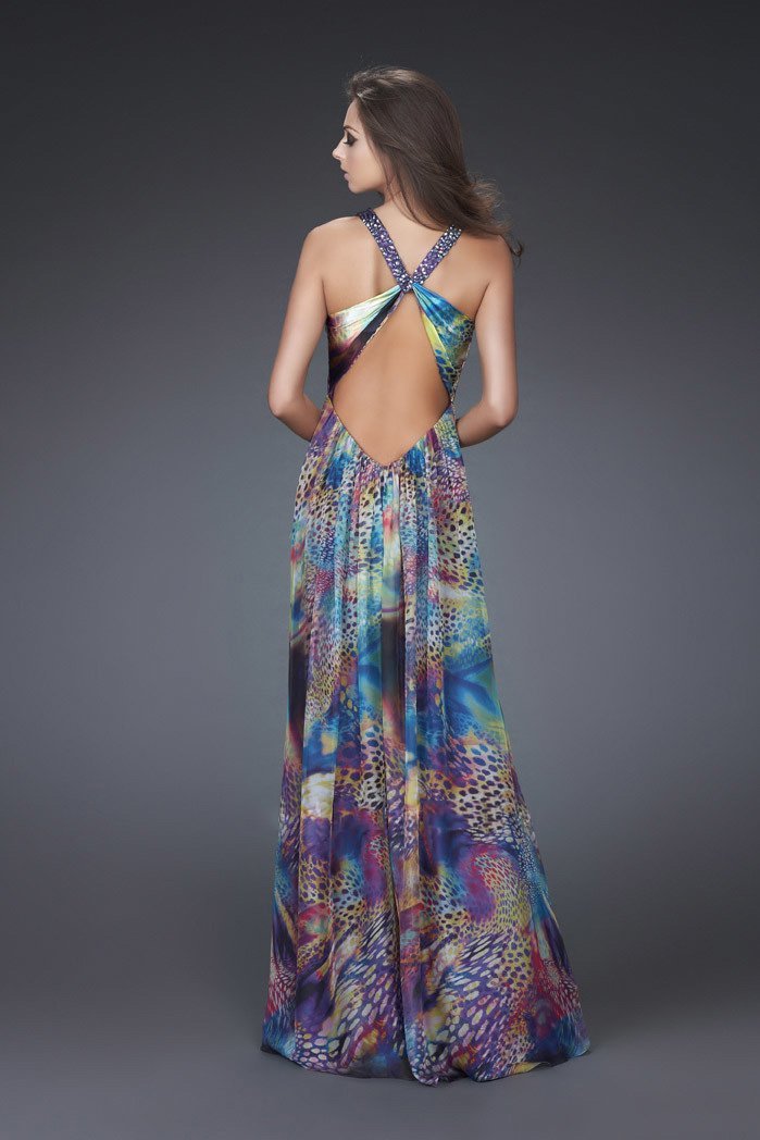 La Femme - Embellished V-neck A-line Dress 16594 in Blue and Multi-Color