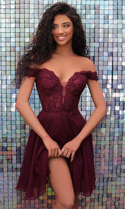 Clarisse 30257 - Beaded Lace Off Shoulder Cocktail Dress Special Occasion Dress 0 / Wine