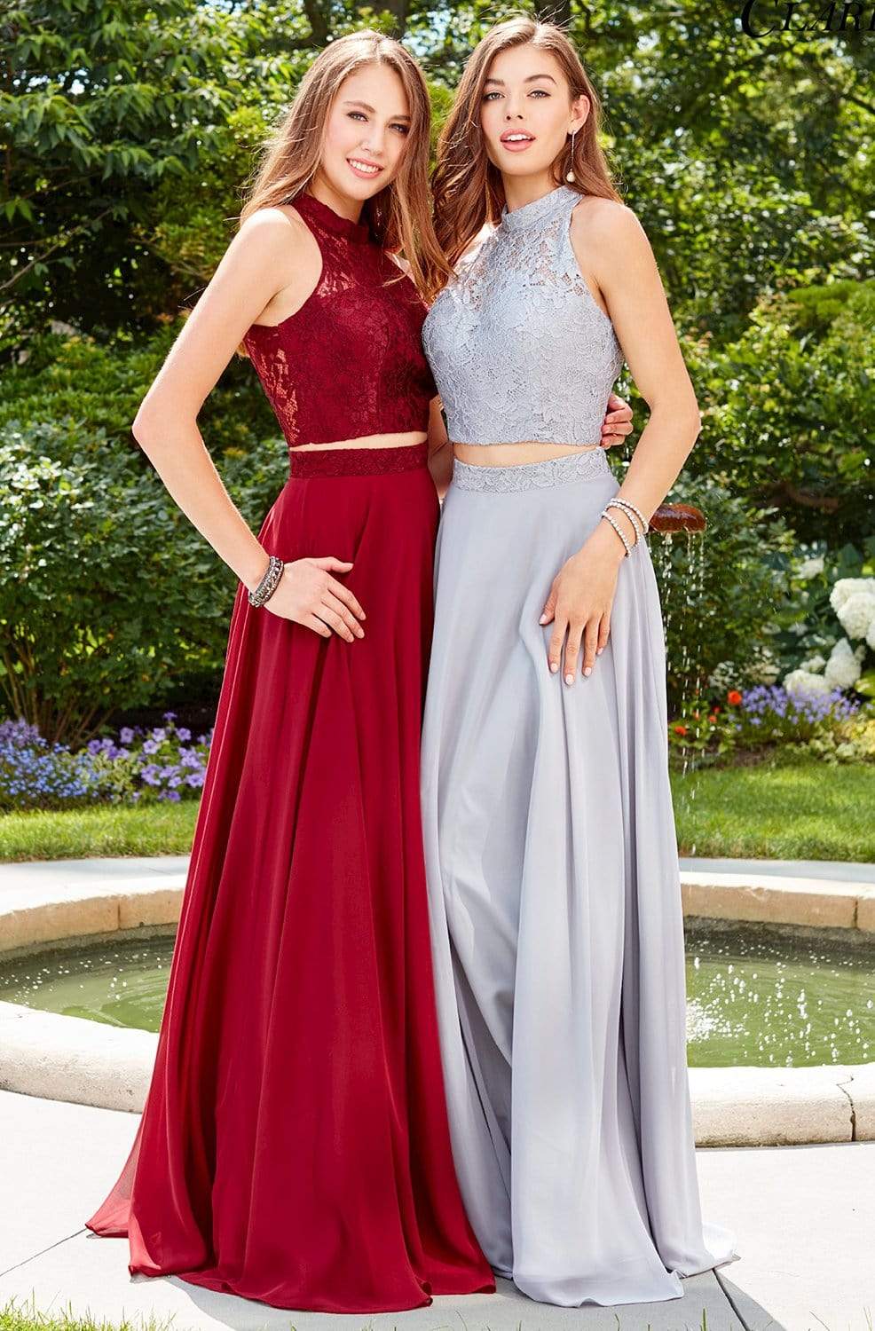 Clarisse 3427 - Long A-Line Dress - Two-Piece Set, Lace / Chiffon, Cropped Top, Sleeveless, Close Neckline, Racerback, Cutout Back, Lined, Hook And Clarisse 3427 - Long A-Line Dress - Two-Piece Set, Lace / Chiffon, Cropped Top, Sleeveless, Close Neckline, Racerback, Cutout Back, Lined, Hook And