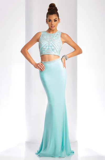 Clarisse - 3438 Two-Piece Crystal Embellished Crop Top Long Sheath Gown In Green