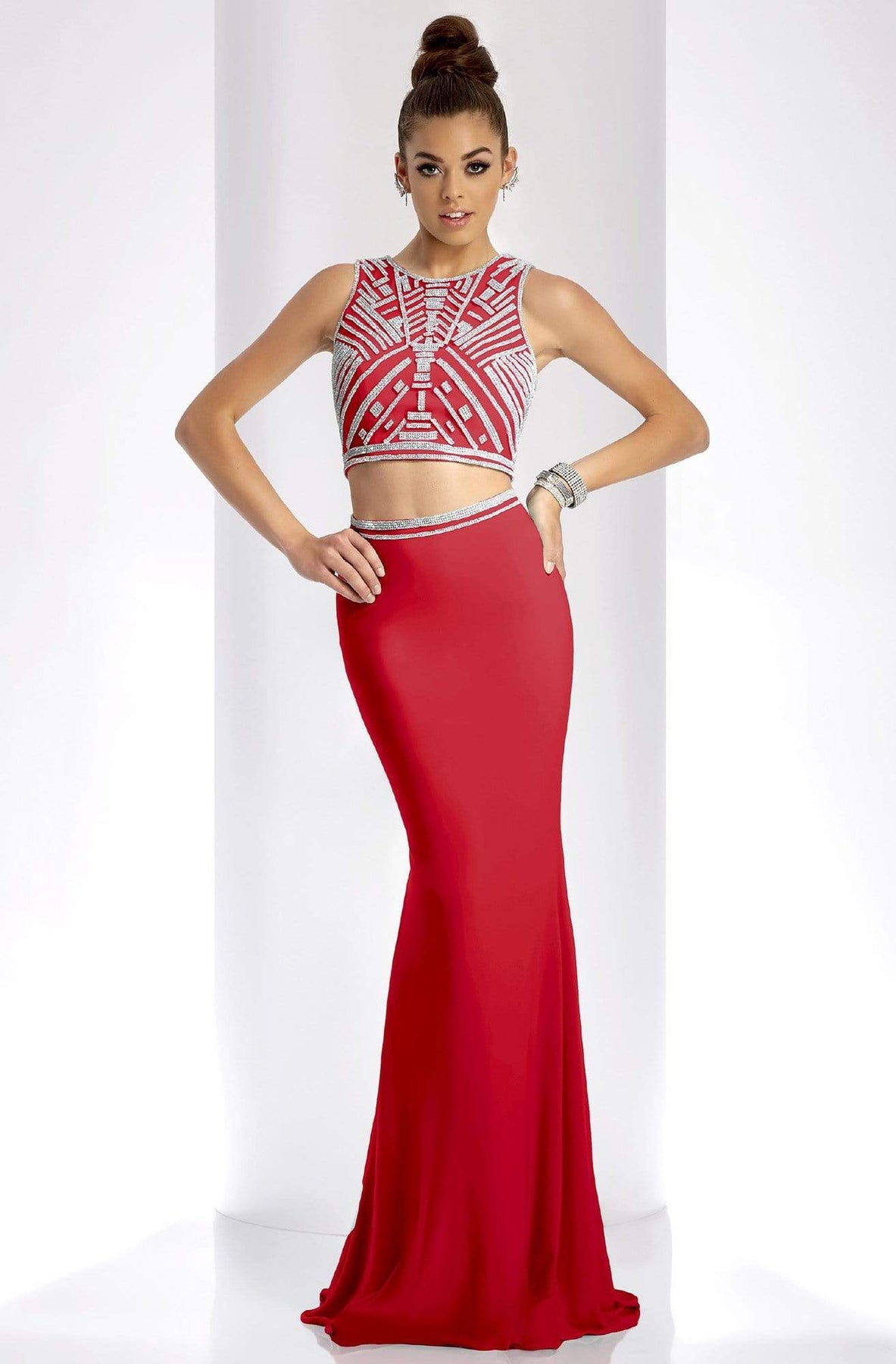Clarisse - 3438 Two-Piece Crystal Ornate Sheath Gown Special Occasion Dress 0 / Red