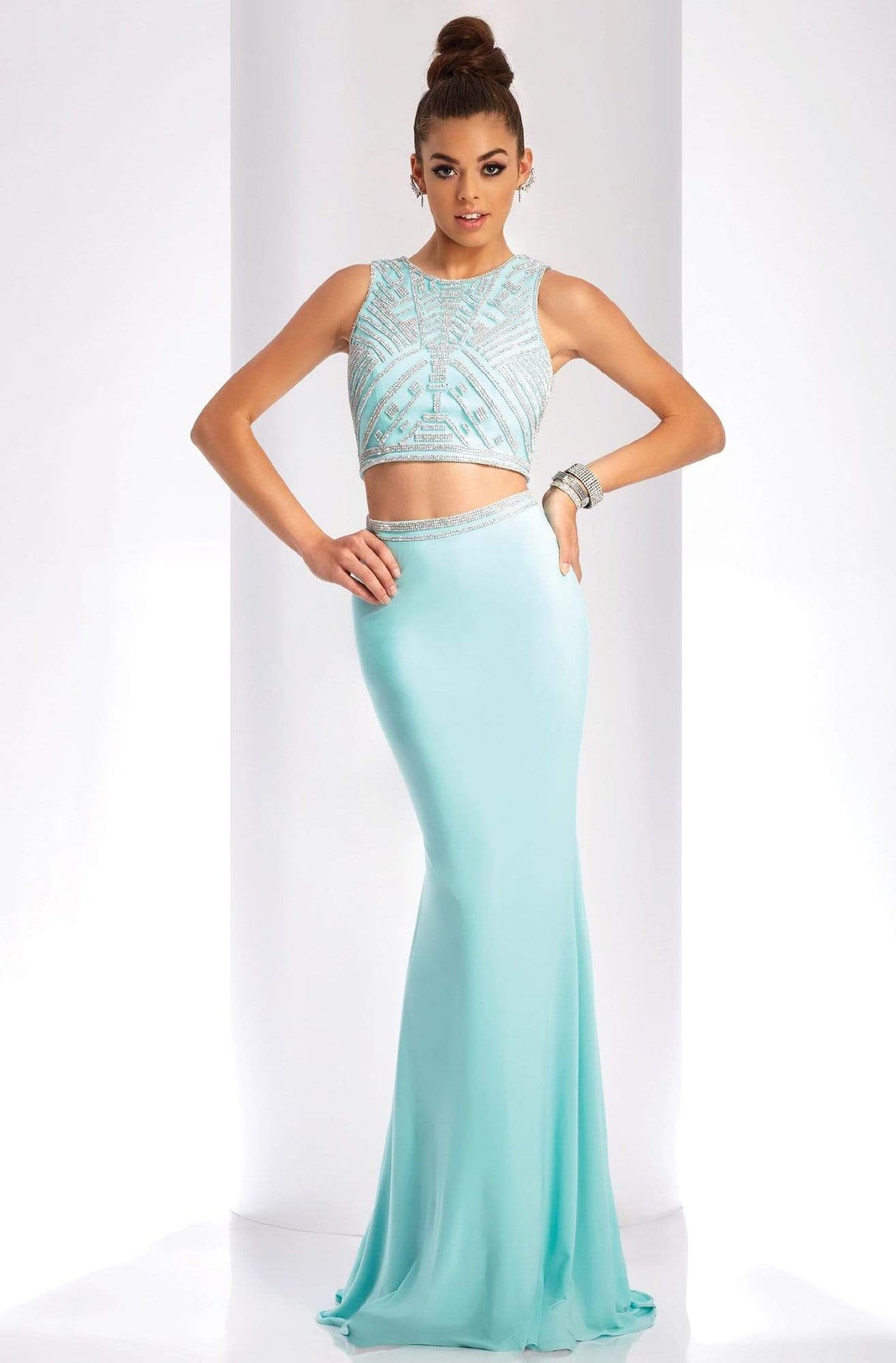 Clarisse - 3438 Two-Piece Crystal Ornate Sheath Gown Special Occasion Dress 0 / Seafoam