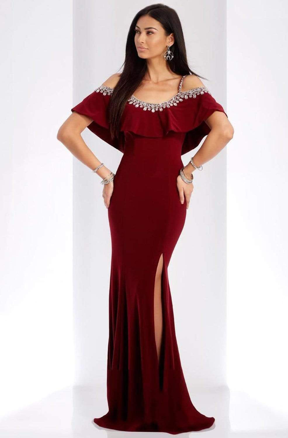 Clarisse - 3497 Jeweled Scoop Neck Sheath Dress Special Occasion Dress 0 / Wine