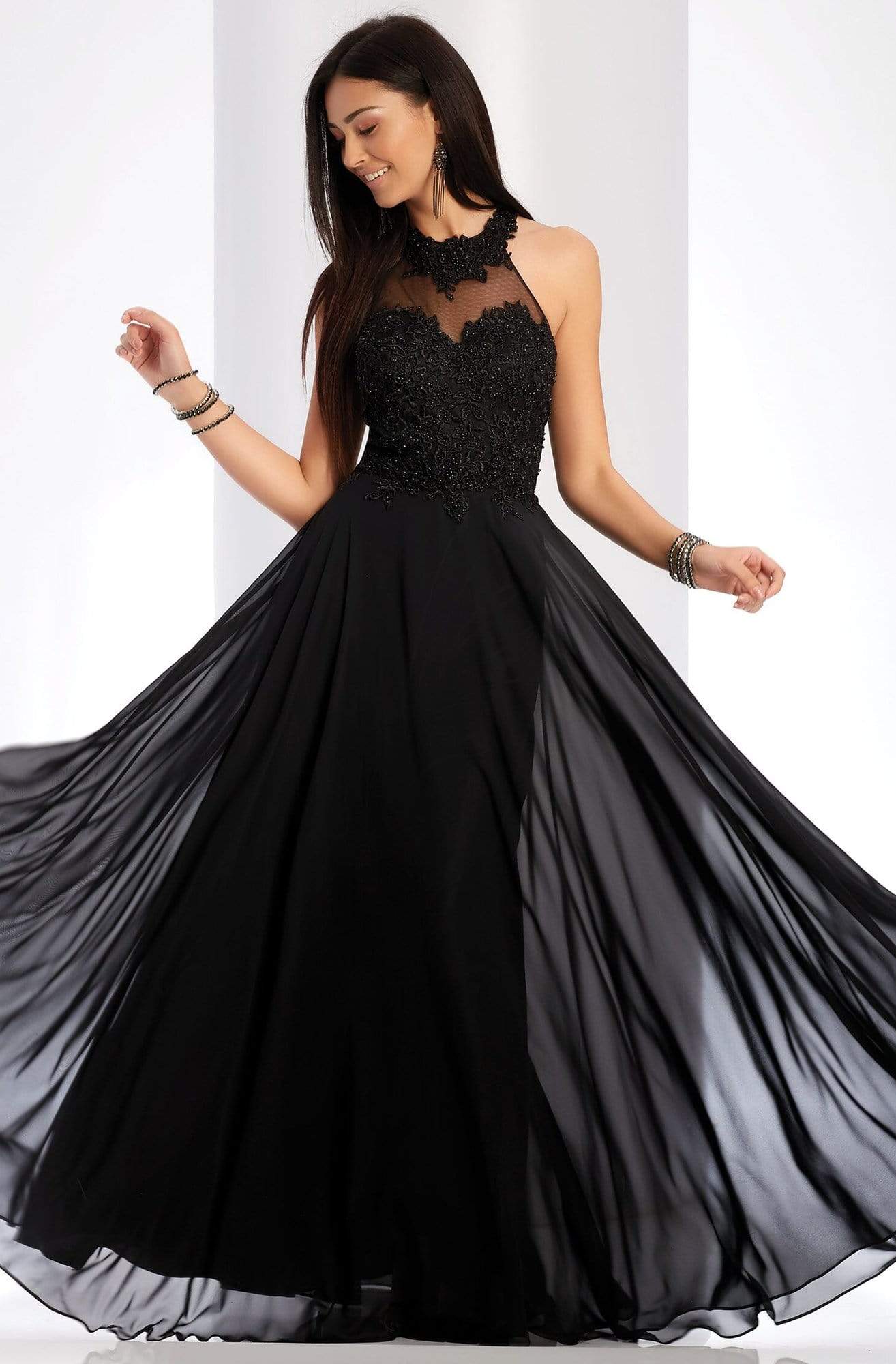 Clarisse - 3528 Jeweled Lace Applique Halter Gown Special Occasion Dress 0 / Black