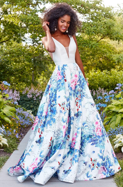 Clarisse - 3538 Deep V-Neck Floral Mikado Evening Gown Prom Dresses