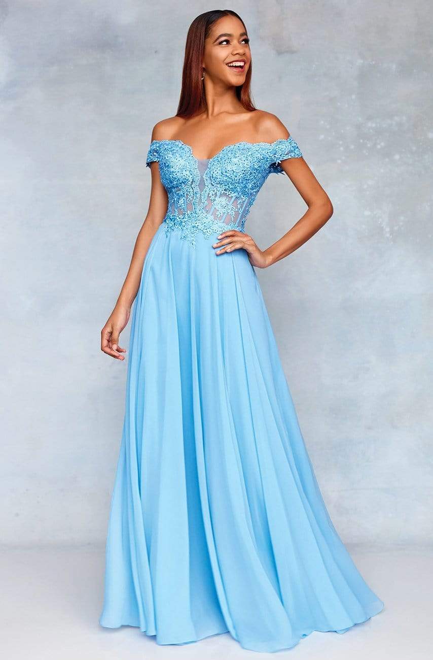 Clarisse - 3774 Lace Appliqued Corset Lace-Up Back Chiffon Prom Gown Prom Dresses 0 / Dusty Blue