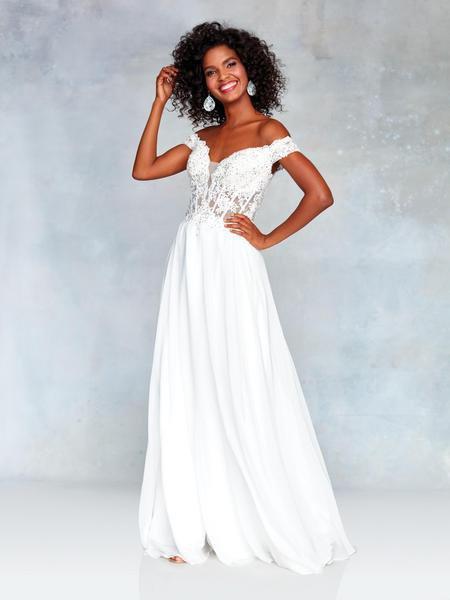 Clarisse - 3774 Lace Appliqued Corset Lace-Up Back Chiffon Prom Gown Prom Dresses 0 / Off White
