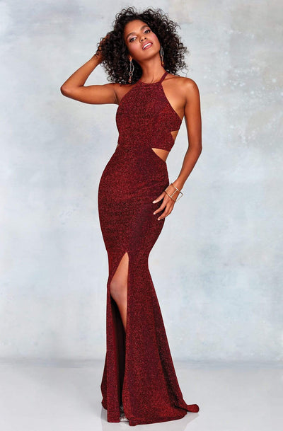 Clarisse - 3789 Lace-Up Halter Shimmer Jersey Gown Special Occasion Dress 0 / Red