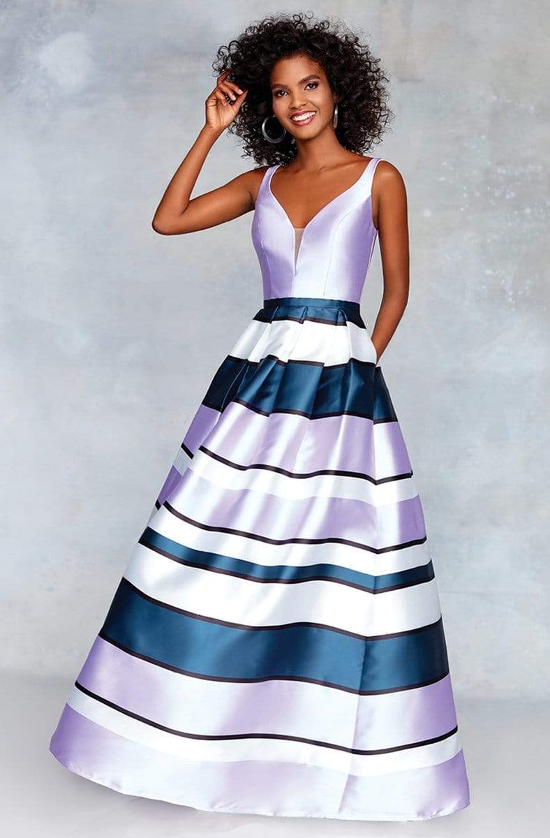 Clarisse - 3878 Plunging V-Neck Striped Ballgown Special Occasion Dress 0 / Lilac Print