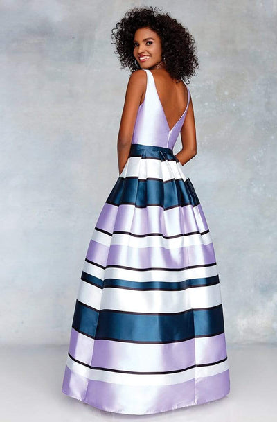 Clarisse - 3878 Plunging V-Neck Striped Ballgown Special Occasion Dress