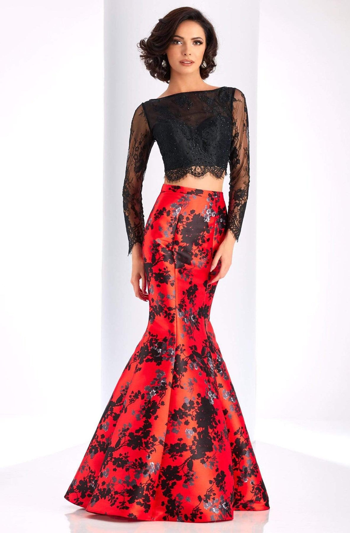 Clarisse - 4808 Two Piece Long Sleeves Floral Mermaid Gown Special Occasion Dress 0 / Red/Black