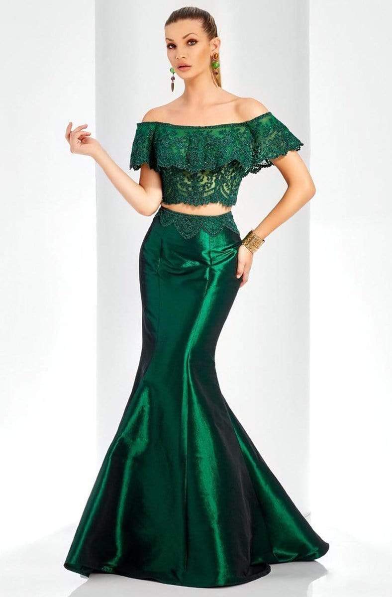 Clarisse - 4932 Scalloped Overlay Off-Shoulder Mermaid Gown Special Occasion Dress 0 / ForestGreen