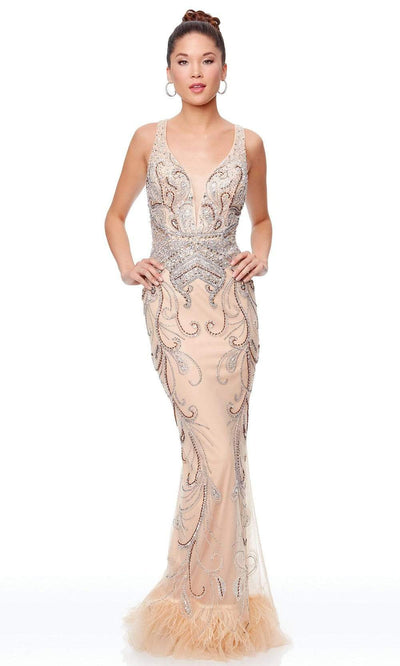 Clarisse - 5034 Beaded Deep V-neck Feathered Trumpet Dress Special Occasion Dress 0 / Champagne/Silver