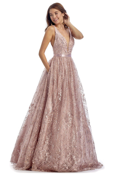 Clarisse - 5113 Sequined Floral Embroidered Deep V-neck A-line Gown Prom Dresses 0 / Dusty Rose