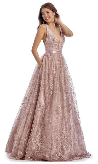 Clarisse - 5113 Sleeveless Plunged V-Neck Embellished A-Line Gown In Pink Neutral