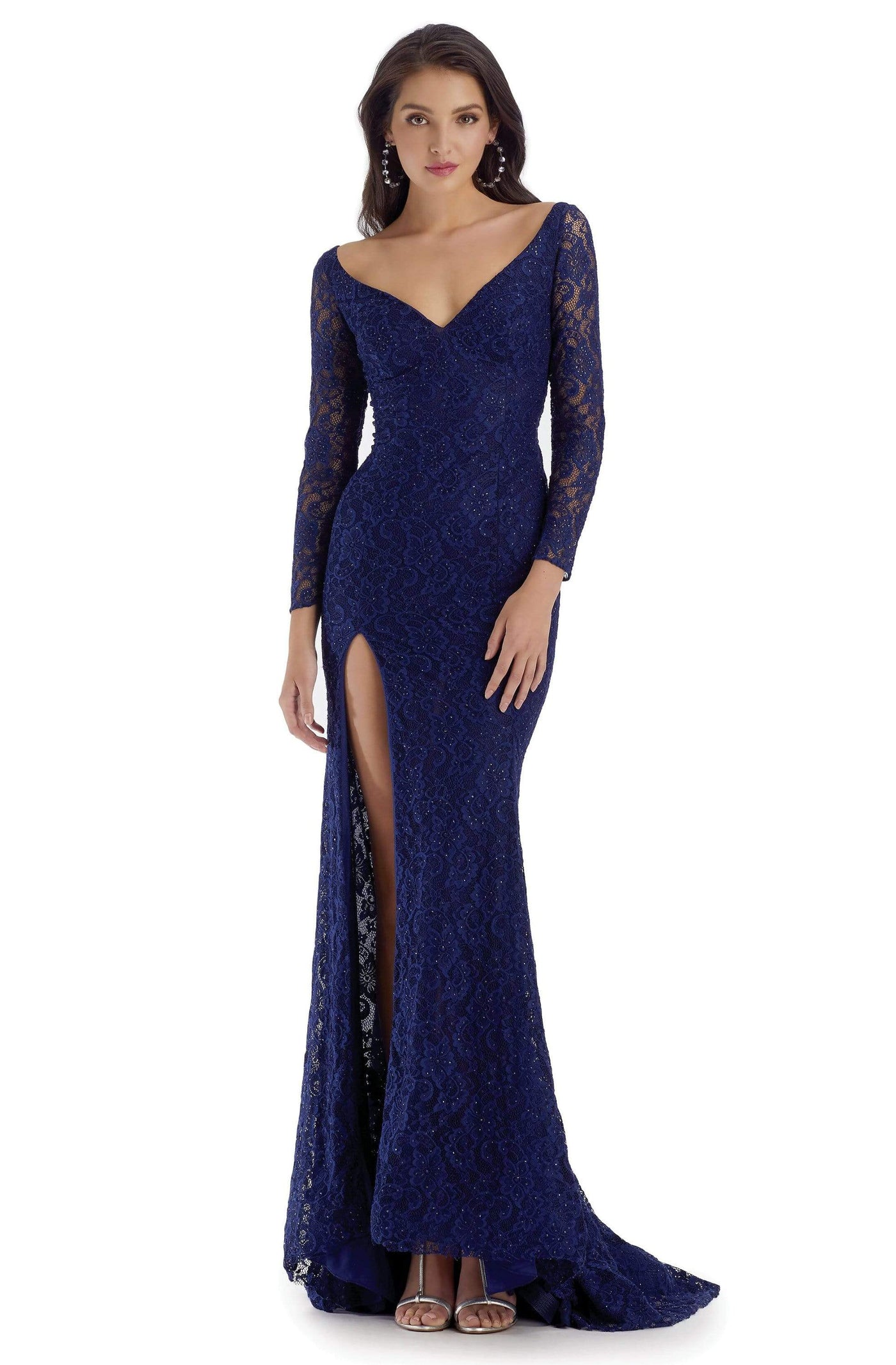 Clarisse - 5134 Long Sleeve V Neck Beaded Lace Long Fitted Dress Evening Dresses 0 / Navy