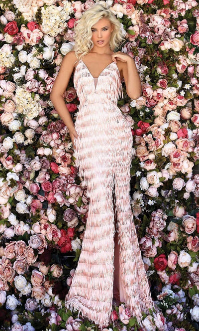 Clarisse - 800203SC Deep V-Neck Strappy Back Fringed Gown In Pink