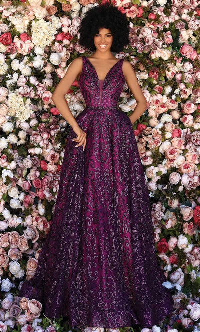 Clarisse - 800309 Sleeveless Sequined Motif A-Line Gown Prom Dresses 0 / Plum