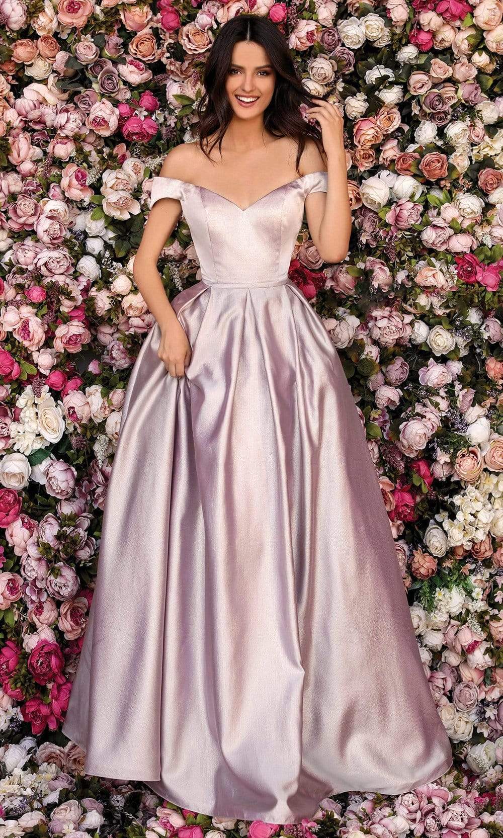 Clarisse - Off Shoulder Pleated A-Line Dress 8010SC In Pink