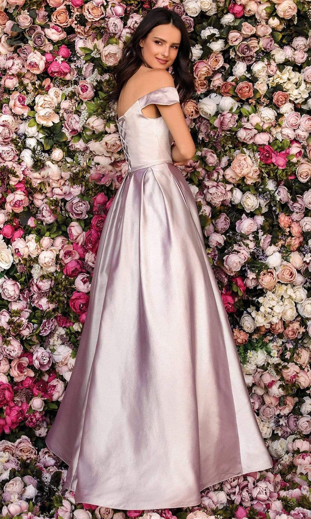 Clarisse - Off Shoulder Pleated A-Line Dress 8010SC In Pink