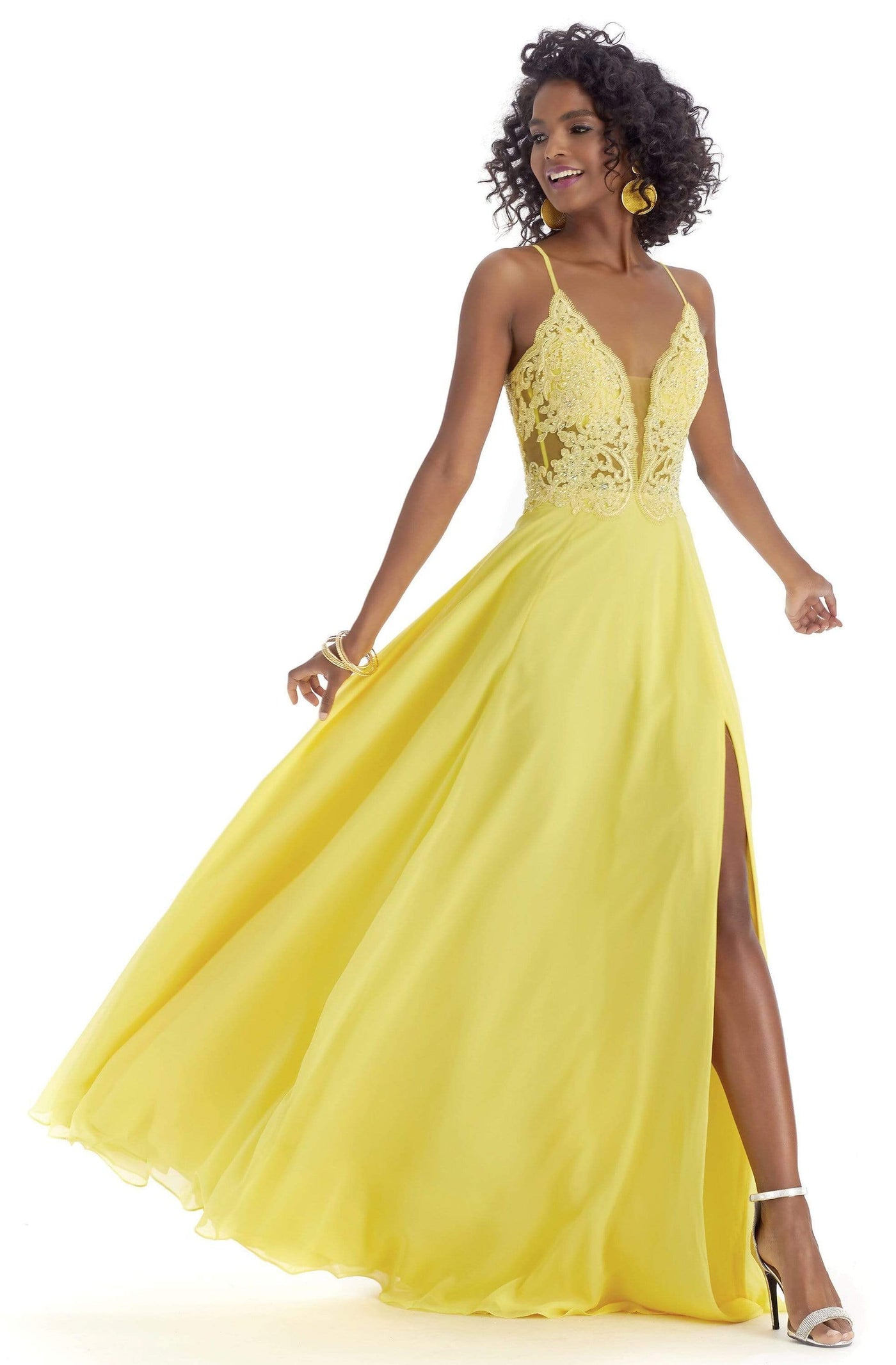 Clarisse - 8021 Embroidered Deep V-neck A-line Gown Prom Dresses 0 / Canary