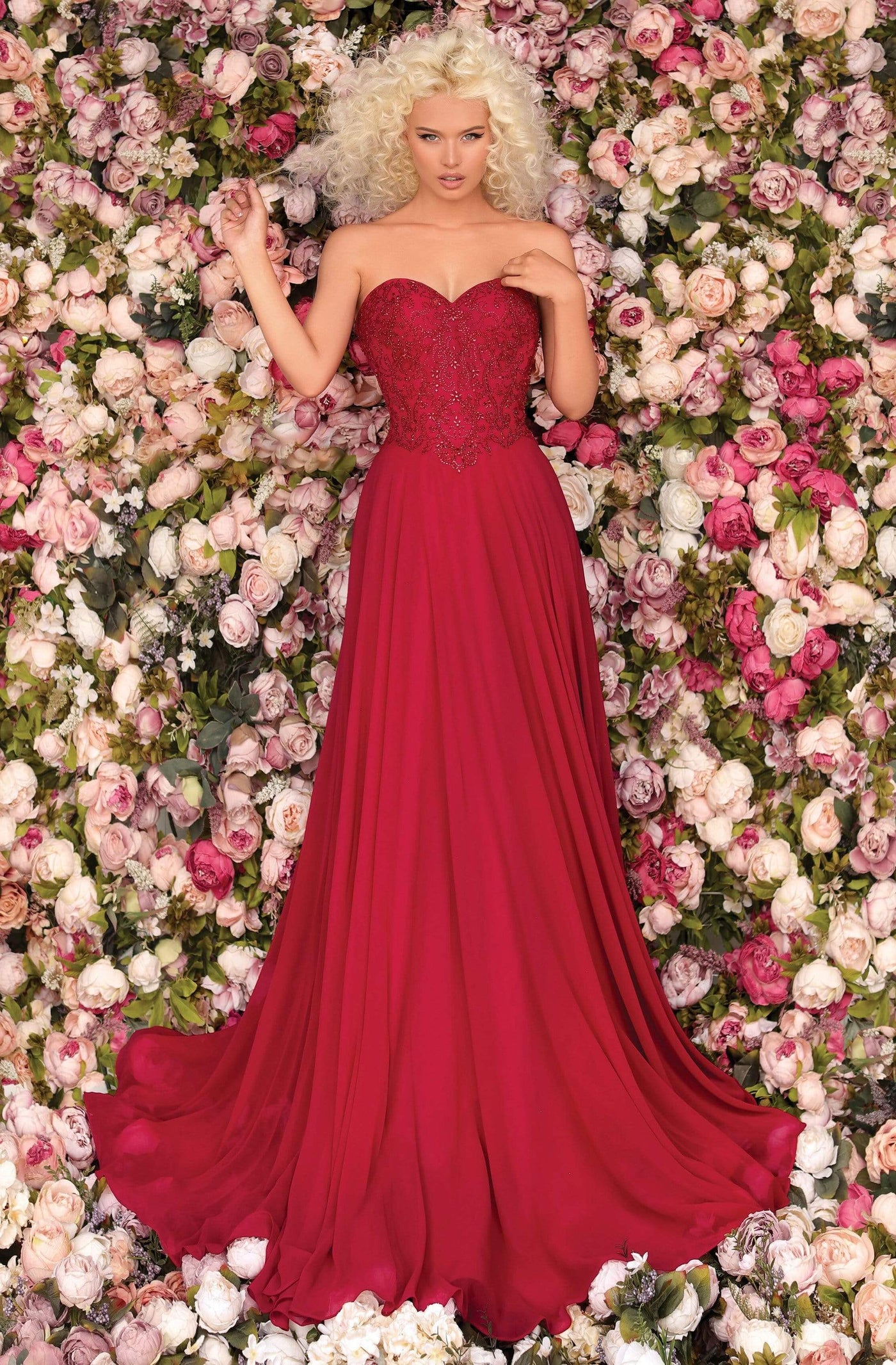 Clarisse - 8023 Beaded Strapless Sweetheart Neck A-Line Gown Prom Dresses 0 / Vamp Red