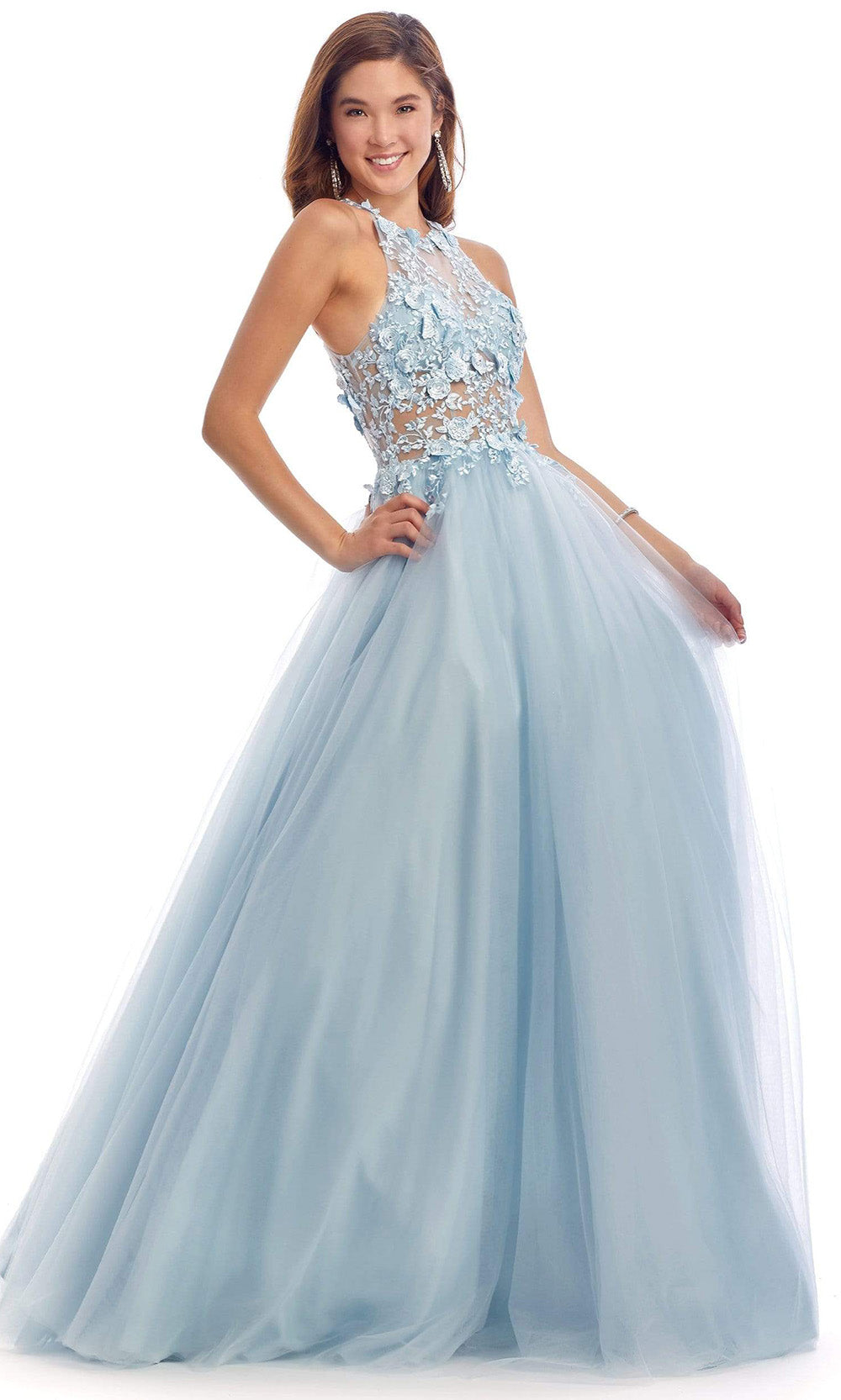 Clarisse - 8036SC Sleeveless Sheer Floral Appliques Ballgown In Blue