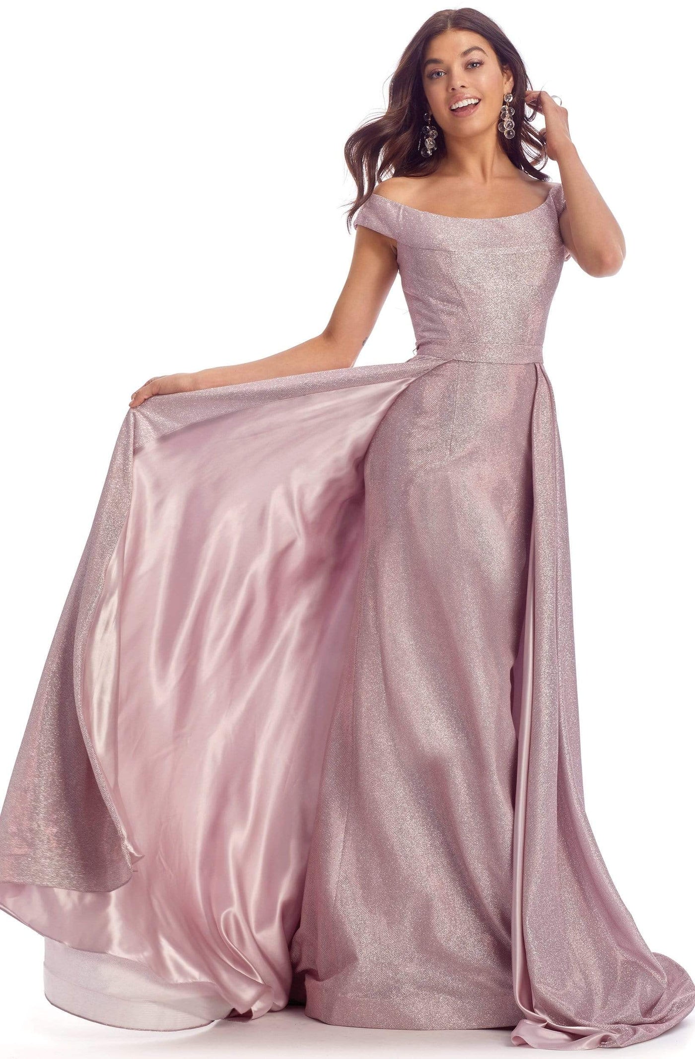 Clarisse - 8049 Off Shoulder Metallic Glitter Overskirt Gown Evening Dresses 0 / Light Pink