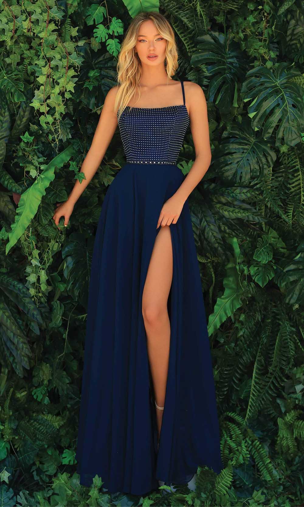 Clarisse - 810123 Beaded Bodice Gown With Slit Prom Dresses 2 / Navy