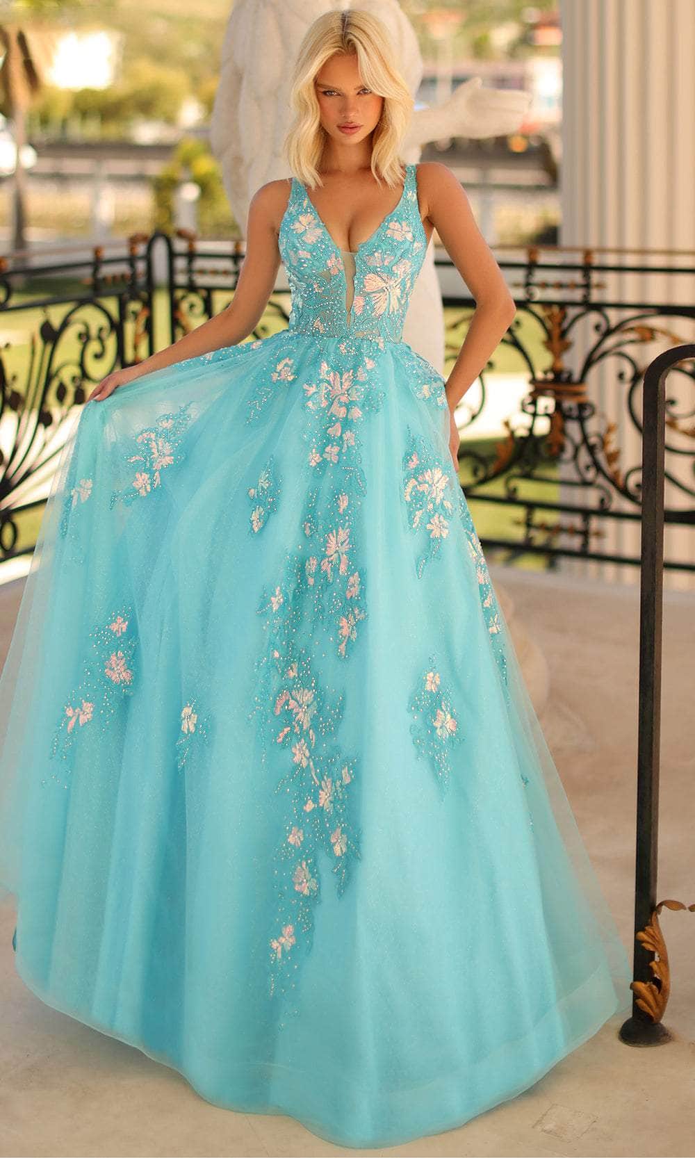 Clarisse 810456 - Embroidered Cutout Back Ballgown Special Occasion Dress 0 / Turquoise