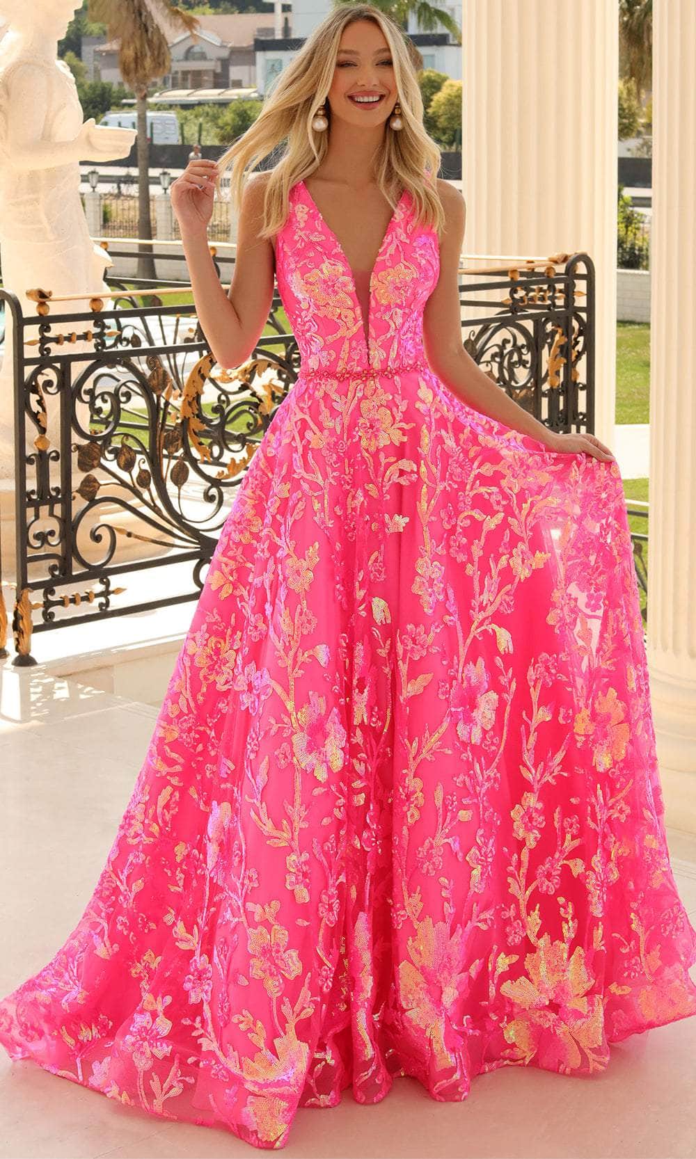 Clarisse 810458 - V-Neck Floral Sequin Ballgown Special Occasion Dress 00 / Flamingo