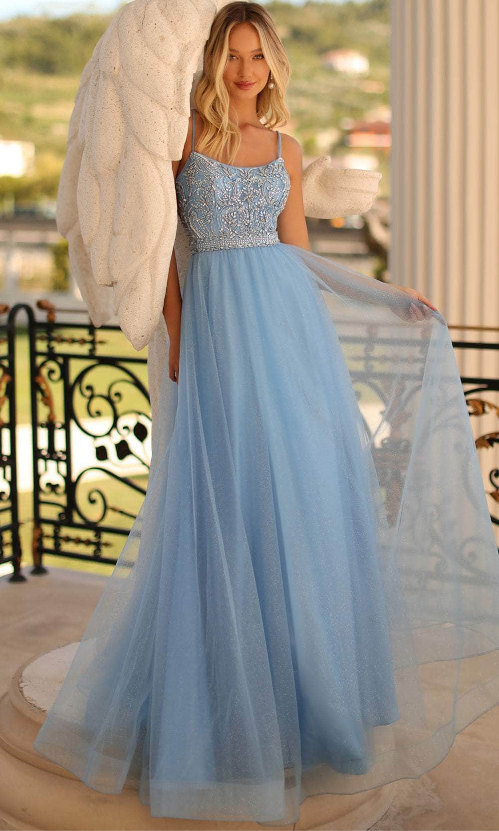 Clarisse 810592 - Long Shimmer Tulle A-Line Dress - Thin Strap, Beaded, Lace-Up Back, Horsehair Hem, Sweep Train ADASA Clarisse 810592 - Long Shimmer Tulle A-Line Dress - Thin Strap, Beaded, Lace-Up Back, Horsehair Hem, Sweep Train ADASA
