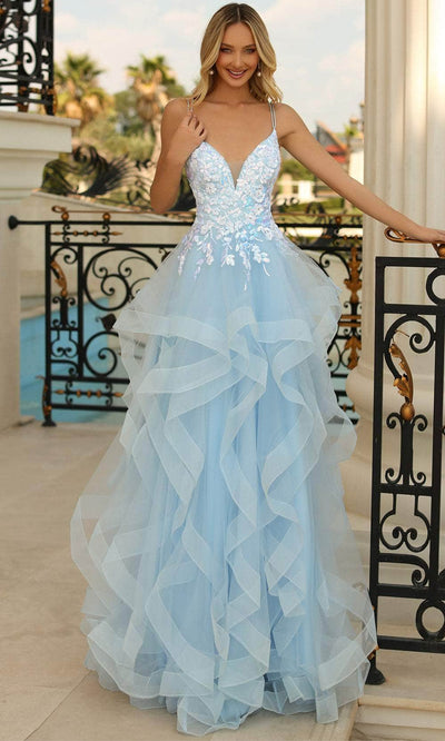 Clarisse 810593 - V-Neck Ruffled Tiered Evening Gown Special Occasion Dress 00 / Winter Blue