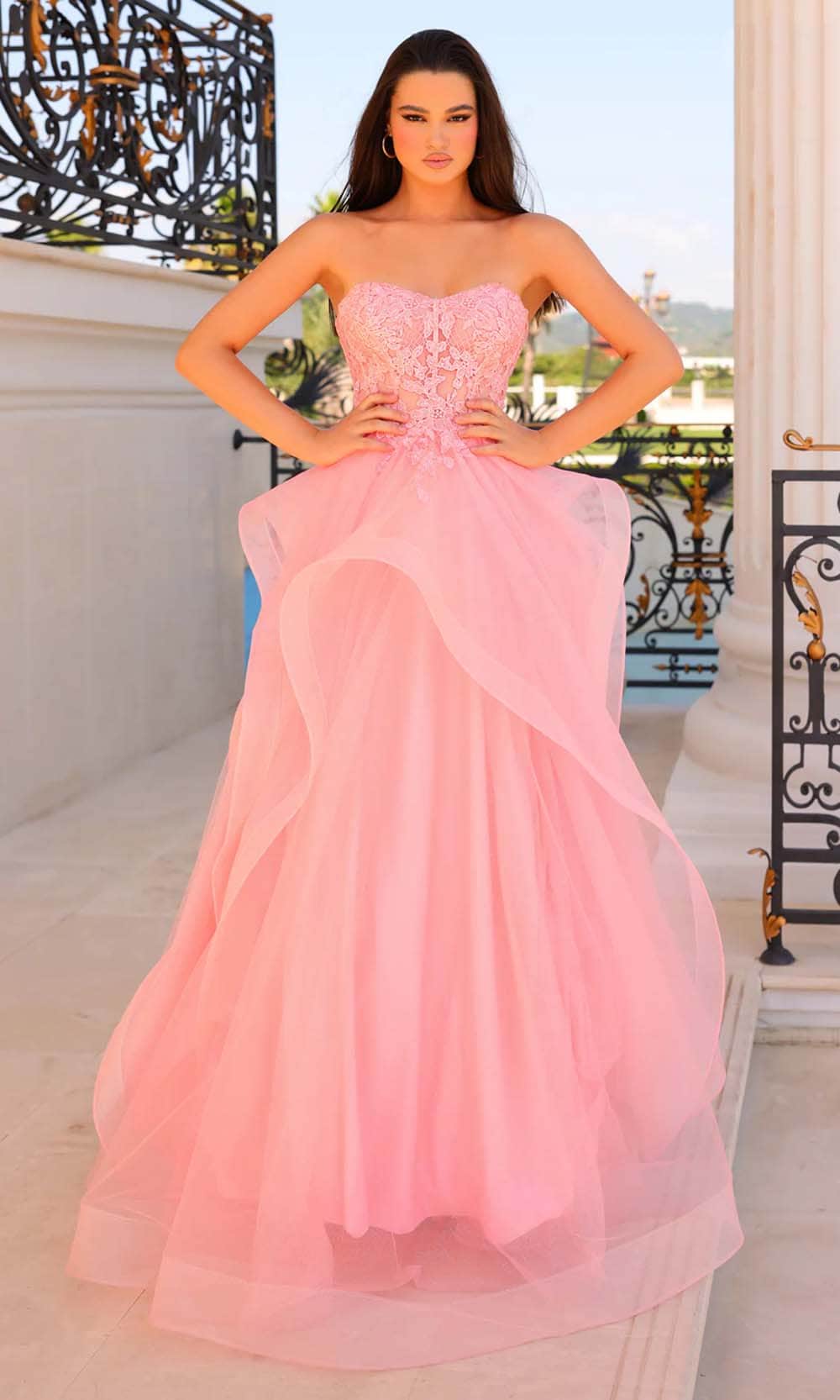 A-Line Strapless Beaded Lace Floor-Length Tulle Gown 810789 by Clarisse 20 / Light Coral A-Line Strapless Beaded Lace Floor-Length Tulle Gown 810789 by Clarisse 20 / Light Coral