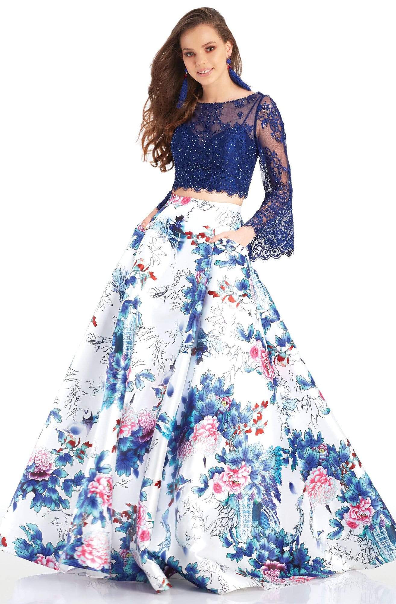 Clarisse Couture - 4977 Two-Piece Lace and Floral Print Evening Dress Special Occasion Dress 0 / Navy/Print