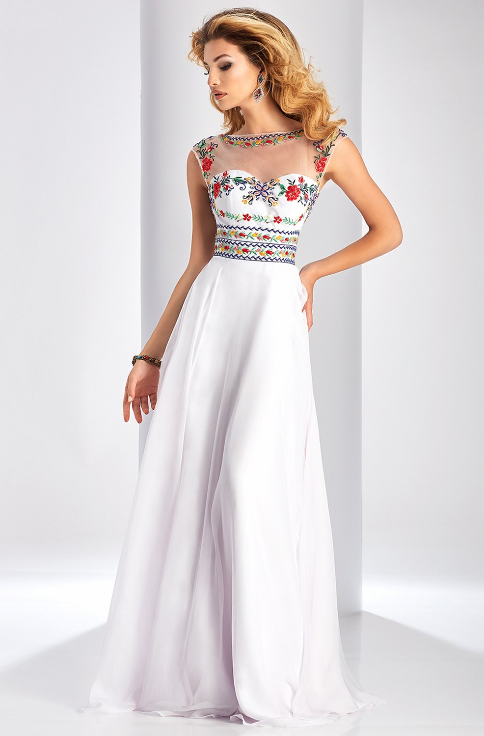Clarisse - 3050 Floral Embroidery Sheer Neck Flowy A-Line Gown In White and Muilti-Color
